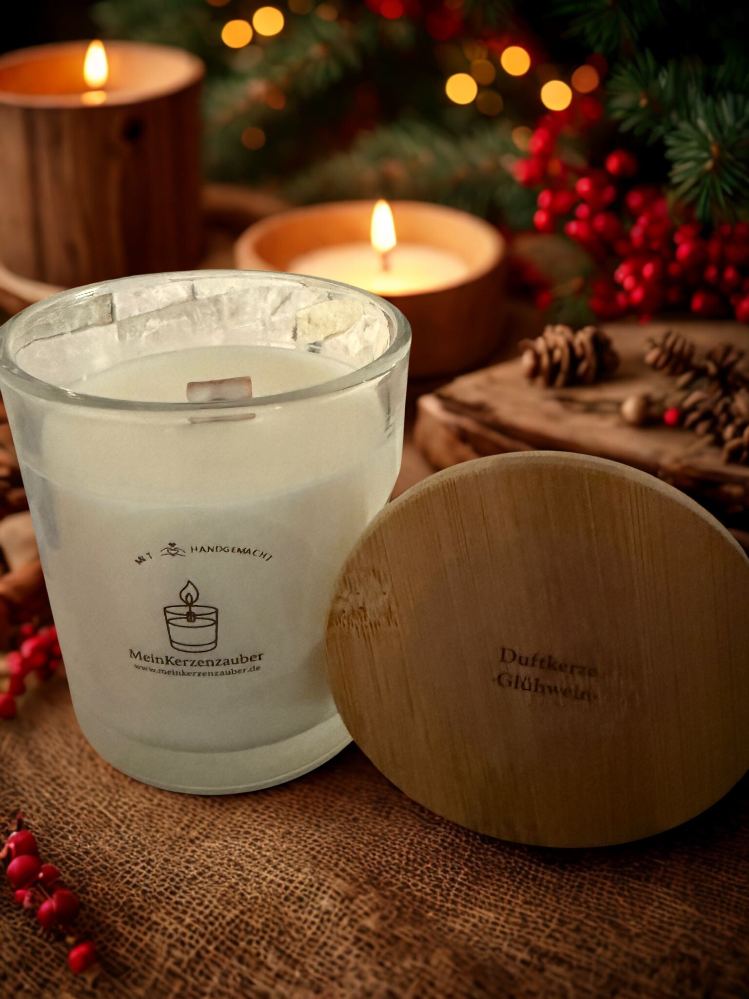 BIO Duftkerze Glühwein Mittel 190g mit knisterndem Holzdocht und Bambusdeckel - 40 Stunden Brenndauer
