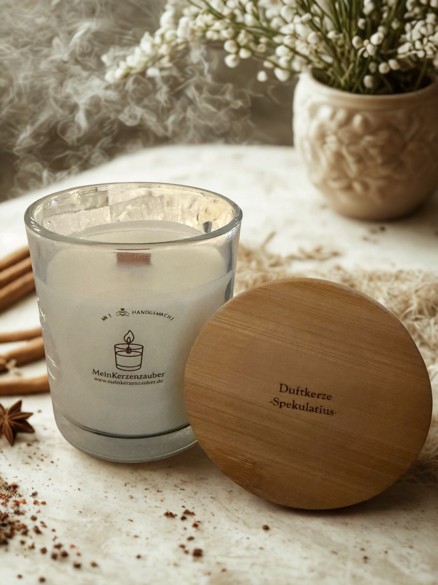 BIO Duftkerze Spekulatius Mittel 190g mit knisterndem Holzdocht und Bambusdeckel - 40 Stunden Brenndauer