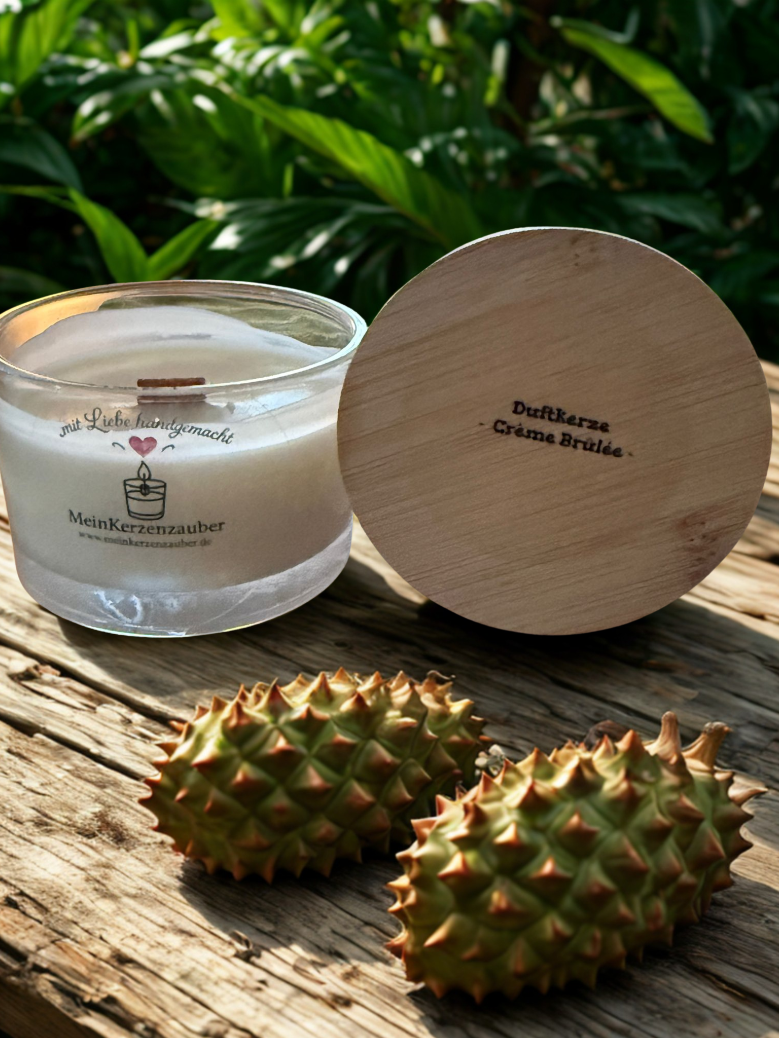 BIO Duftkerze Vanilla Crème Brûlée 75g mit knisterndem Holzdocht und Bambusdeckel - 15 Stunden Brenndauer