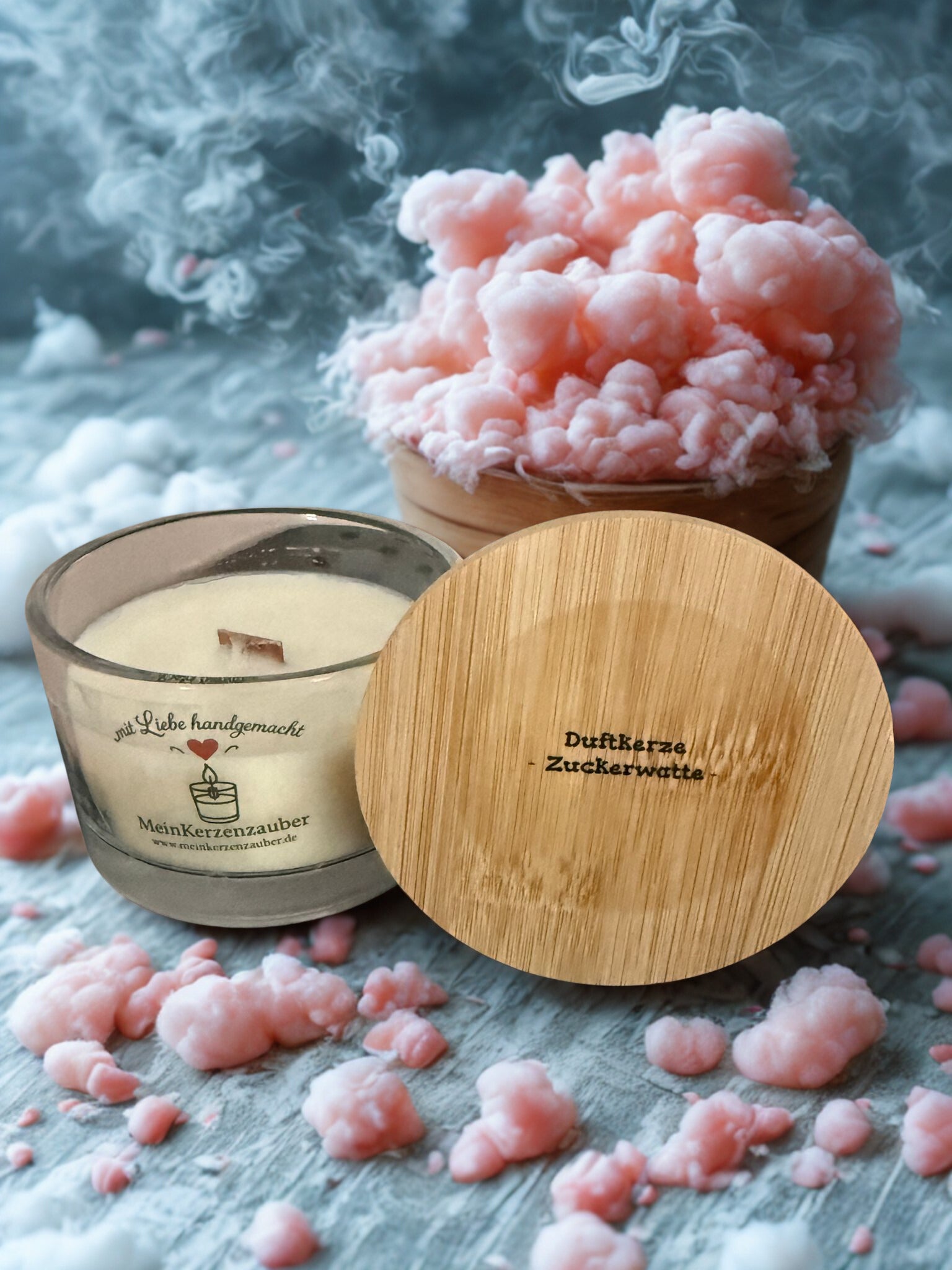 BIO Duftkerze Zuckerwatte Klein 75g mit knisterndem Holzdocht und Bambusdeckel - 15 Stunden Brenndauer